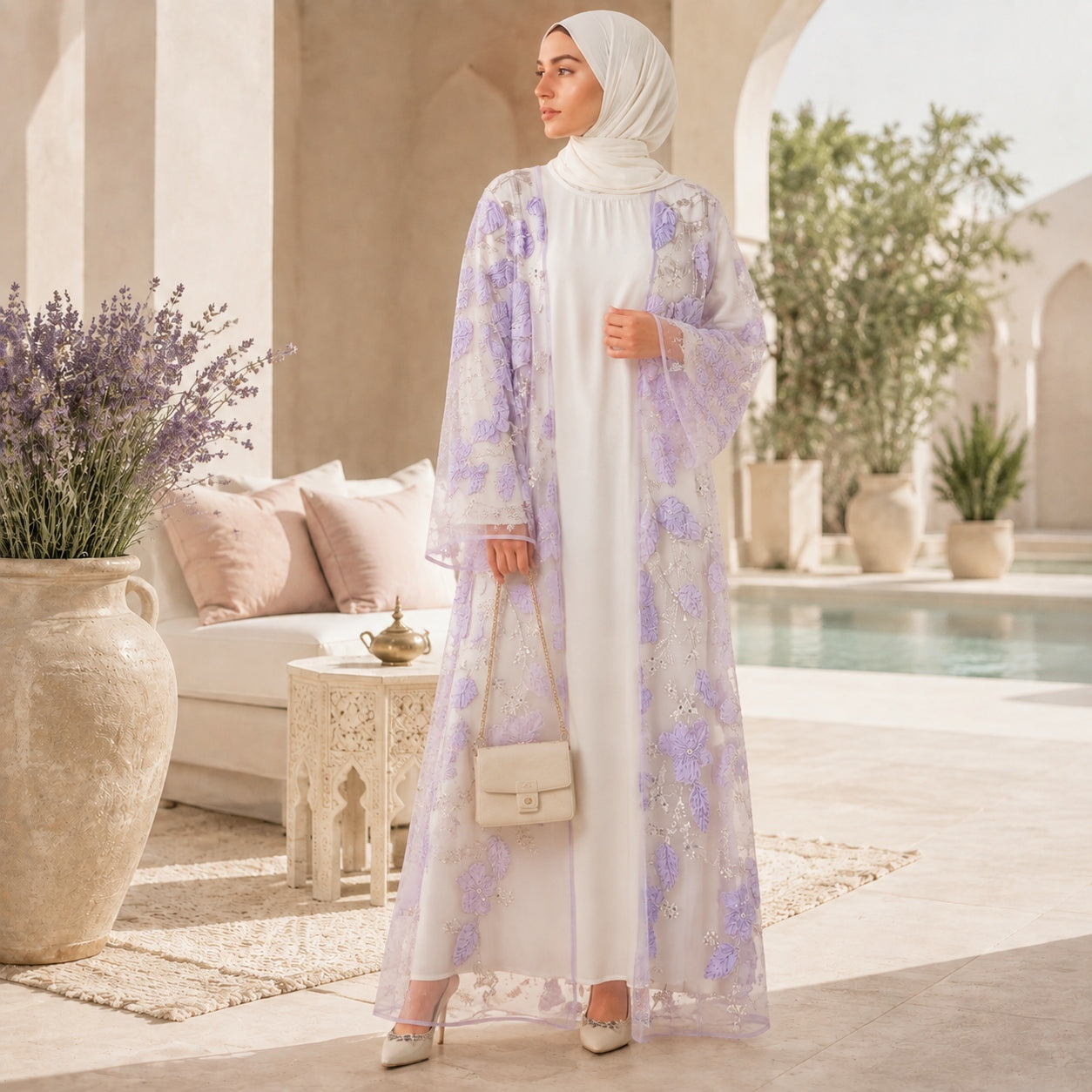 Luxury 3D Floral Beaded Embroidered Mesh Open Abaya– Lavender Occasion Abaya (MOA304)