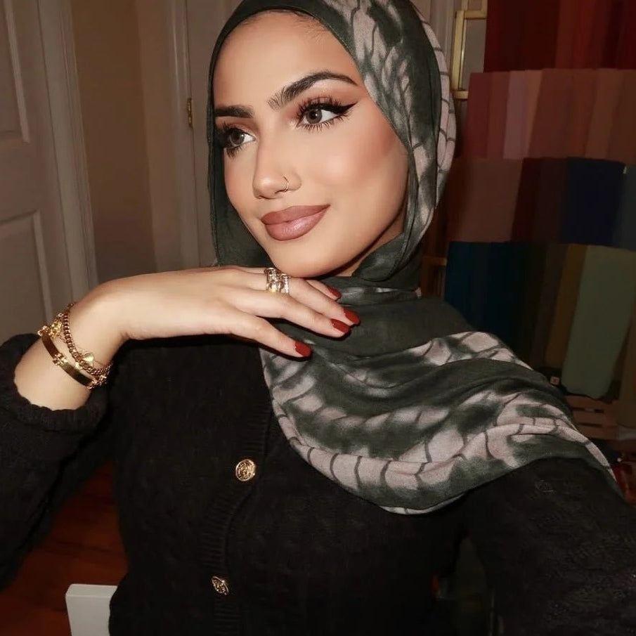 Premium Baumwollmischung Hijab mit Tintendruck | 180x80cm Künstlerischer Langer Schal (MH149)