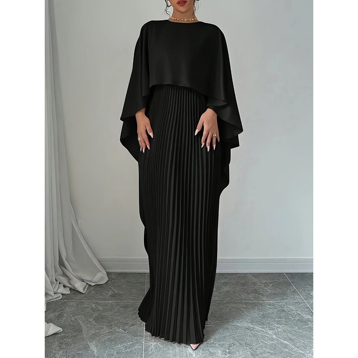 Bat Sleeve Pleated Maxi Dress | Cream White Cape Dress with Dramatic Bell Sleeves. (MA241) - Mariam's Collection