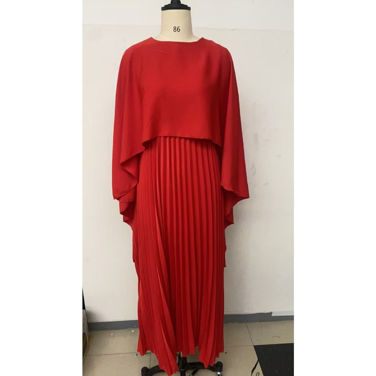 Bat Sleeve Pleated Maxi Dress | Cream White Cape Dress with Dramatic Bell Sleeves. (MA241) - Mariam's Collection