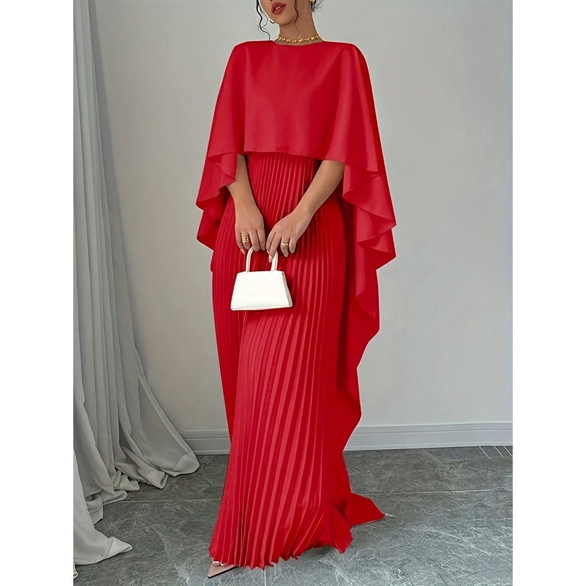Bat Sleeve Pleated Maxi Dress | Cream White Cape Dress with Dramatic Bell Sleeves. (MA241) - Mariam's Collection