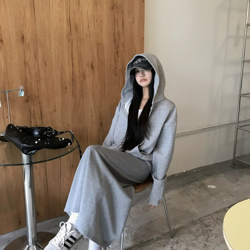 Casual Grey Zip-Up Hoodie & High Waist Drawstring A-Line Skirt Set(MS130)