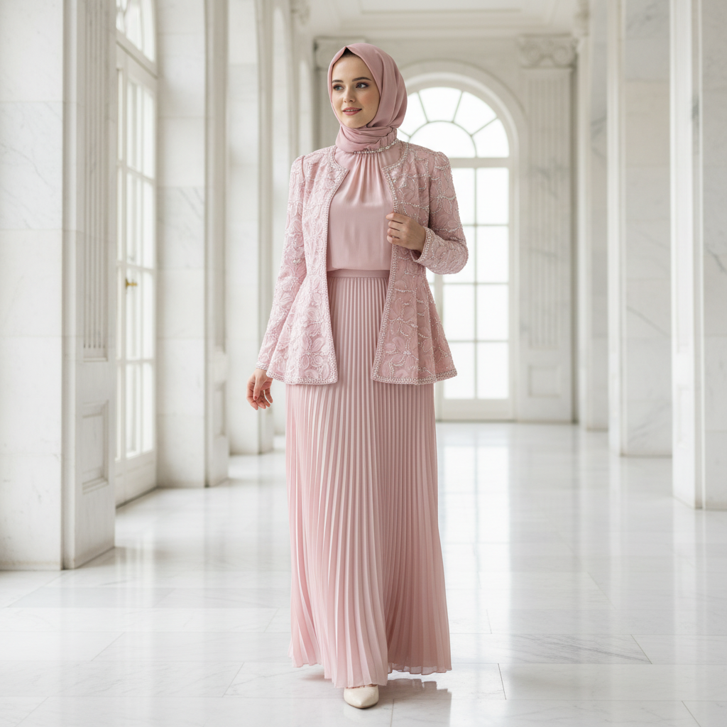 2-Piece Pearl Beaded 3D Rose Embroidered Jacket & Chiffon Pleated Maxi Dress Set(MS401)