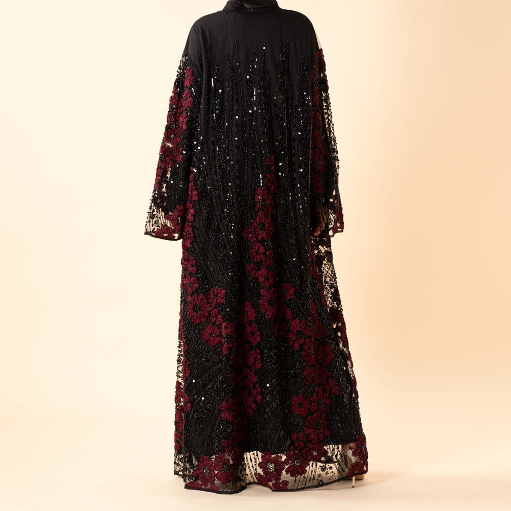Luxury 3D Floral Beaded Sequin Embroidered Open Abaya for Eid & Wedding (MOA307)