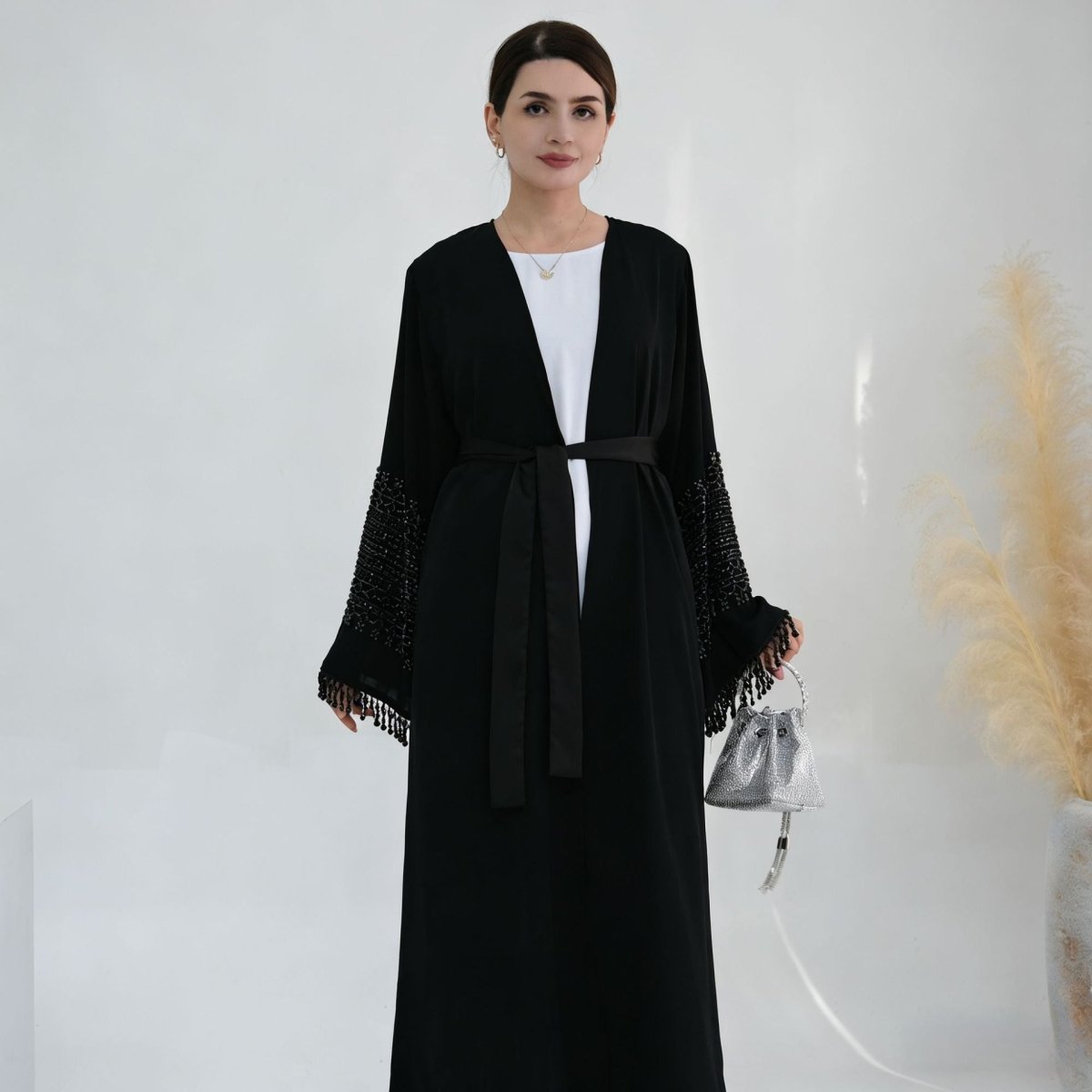 Beaded Embroidery Flared-Sleeve Open Abaya(MOA334) - Mariam's Collection