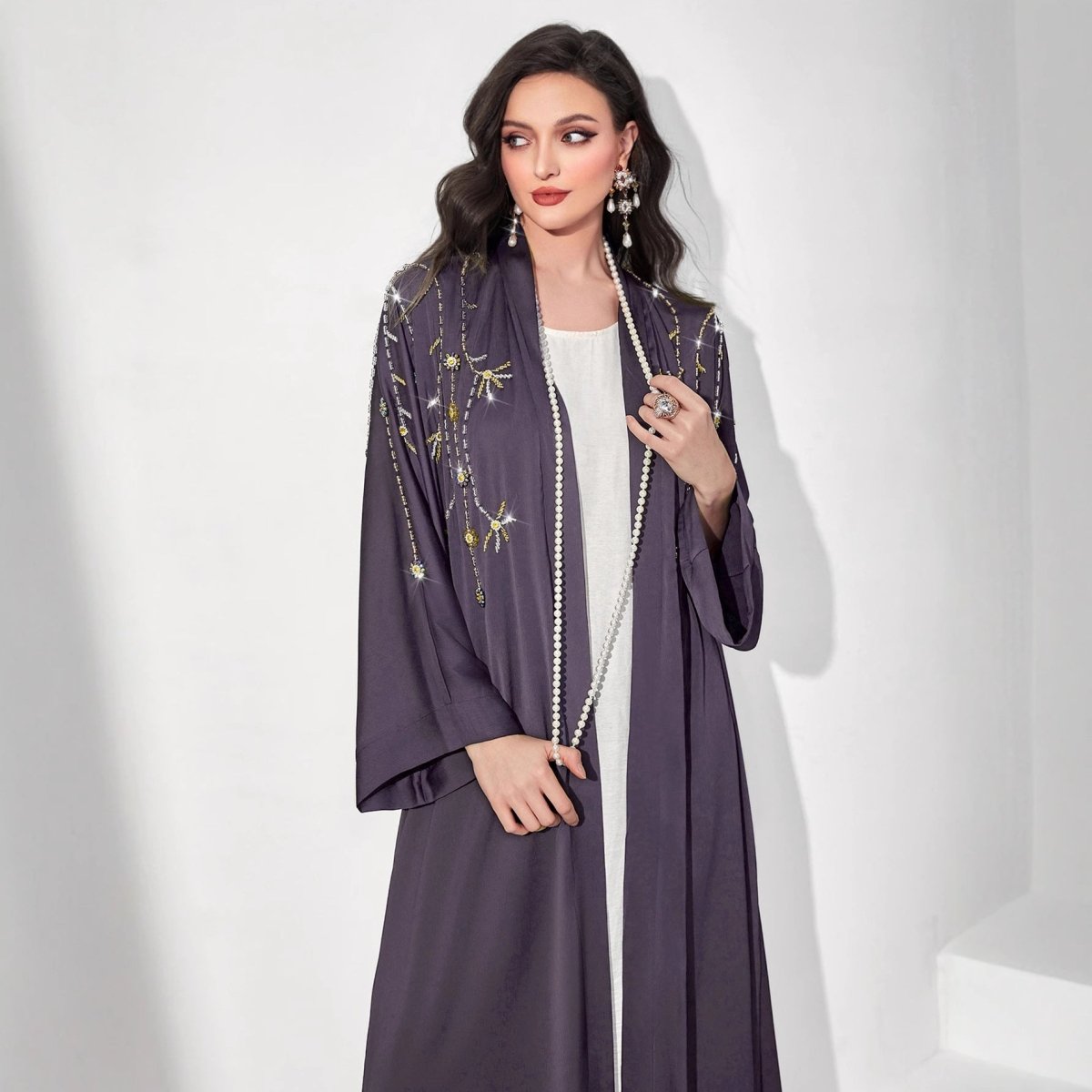 Beaded Floral Vine Abaya | Open-Front Embellished Cardigan