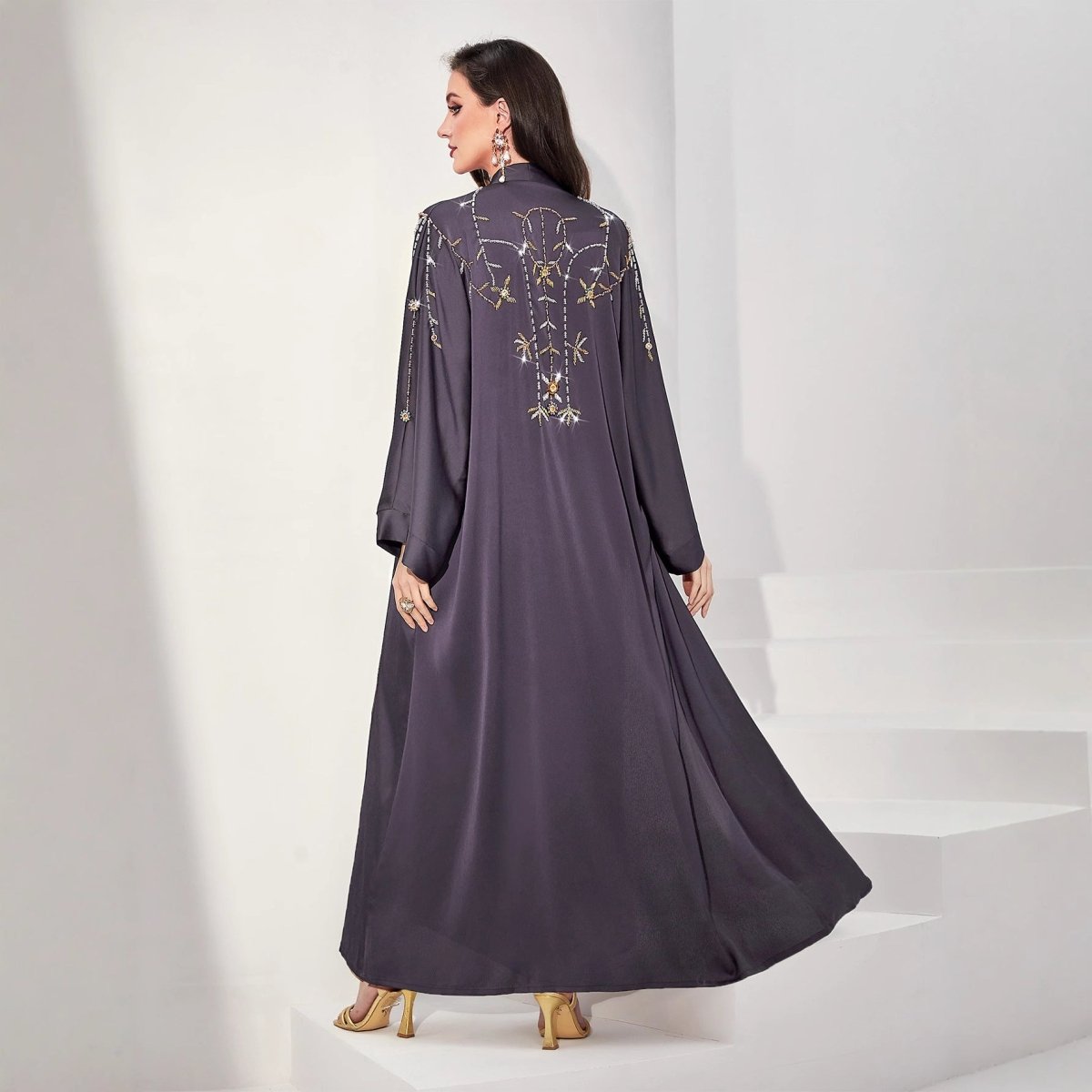 Beaded FlorBeaded Floral Vine Abaya | Open-Front Embellished Cardigan Cardigan(MOA268) - Mariam's Collection