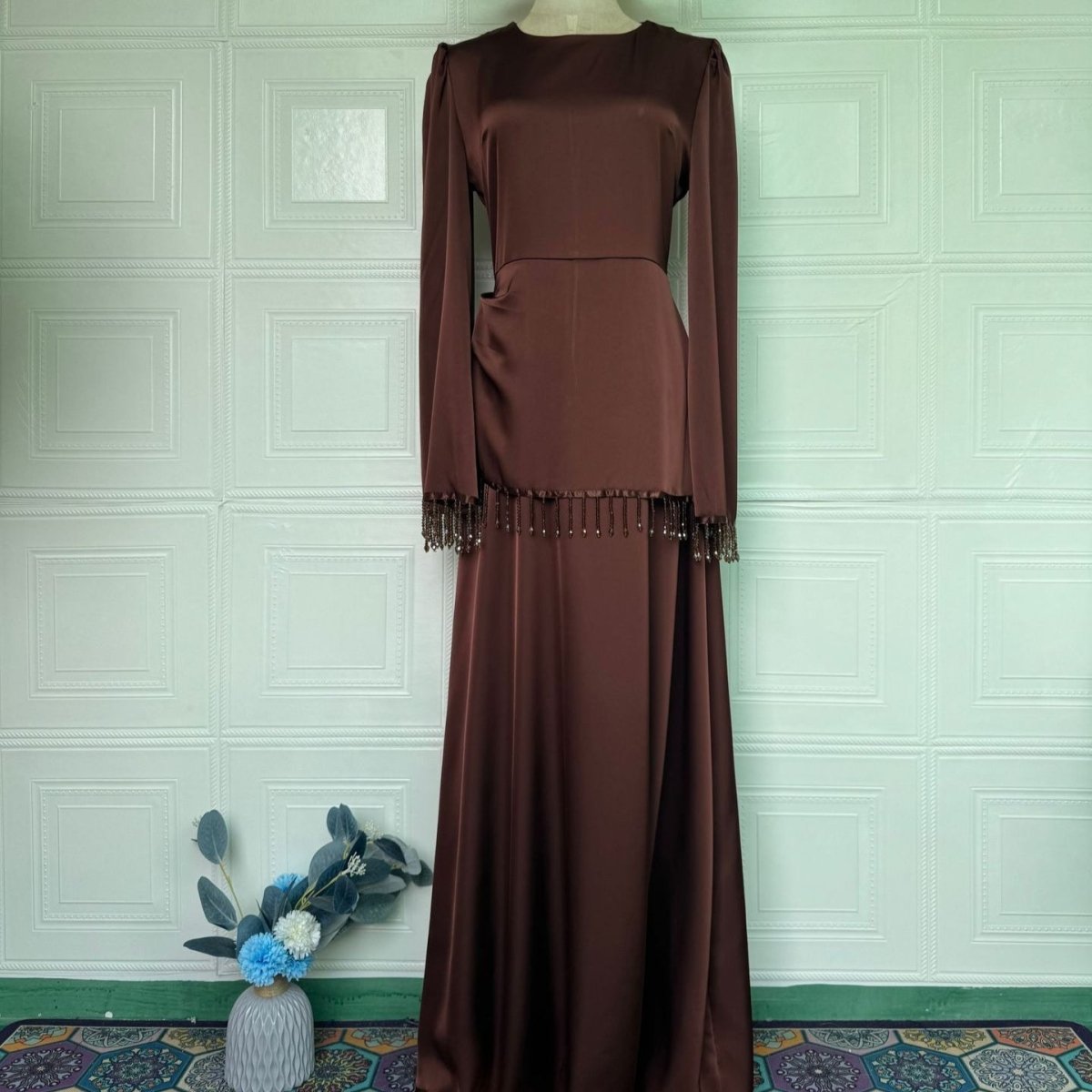 Beaded Fringe Cuff Maxi Dress(MS480) - Mariam's Collection