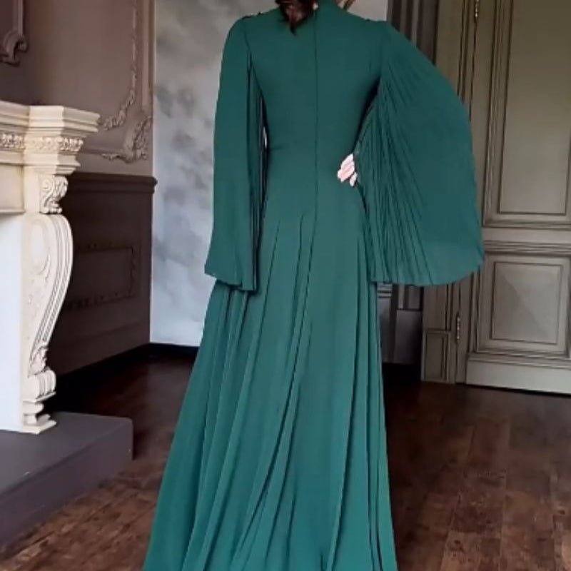 Beaded Lace Evening Gown | Pleated Sleeve Maxi Dress with Crystal Applique(MA346) - Mariam's Collection