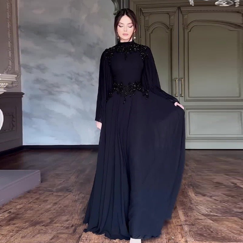 Beaded Lace Evening Gown | Pleated Sleeve Maxi Dress with Crystal Applique(MA346) - Mariam's Collection