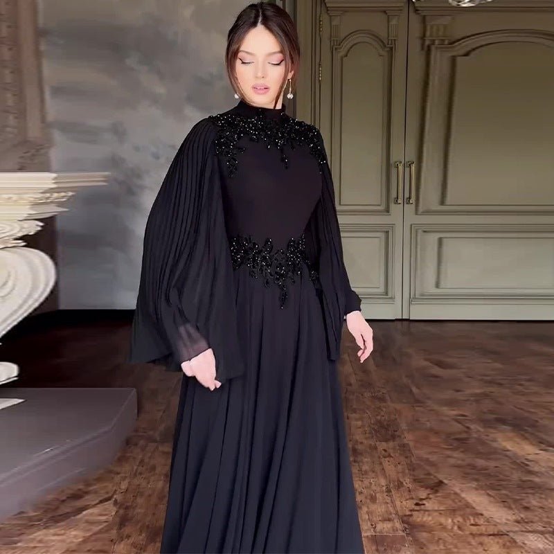 Beaded Lace Evening Gown | Pleated Sleeve Maxi Dress with Crystal Applique(MA346) - Mariam's Collection