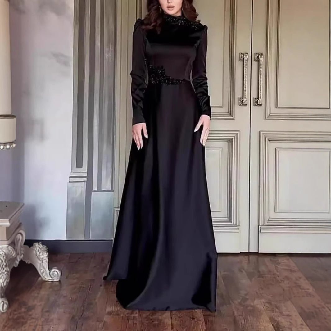 Beaded Satin Evening Gown | High Neck Long Sleeve Maxi Dress(MA349) - Mariam's Collection