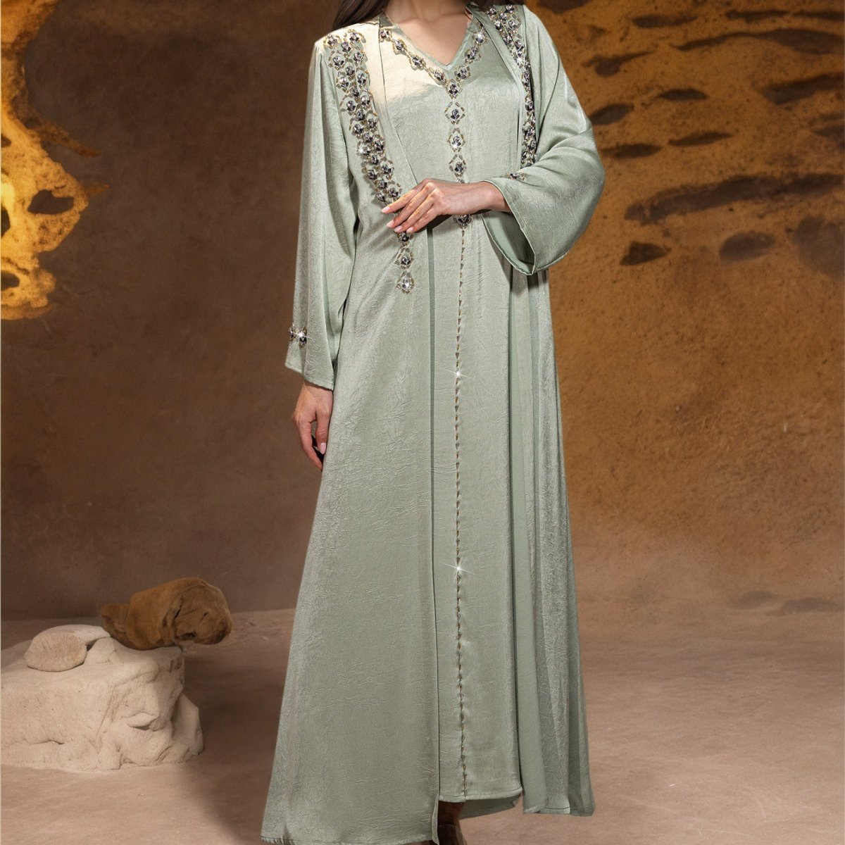 Beaded Two - Piece Abaya Set with Jacket | Embellished Kaftan Gown(MOA269) - Mariam's Collection
