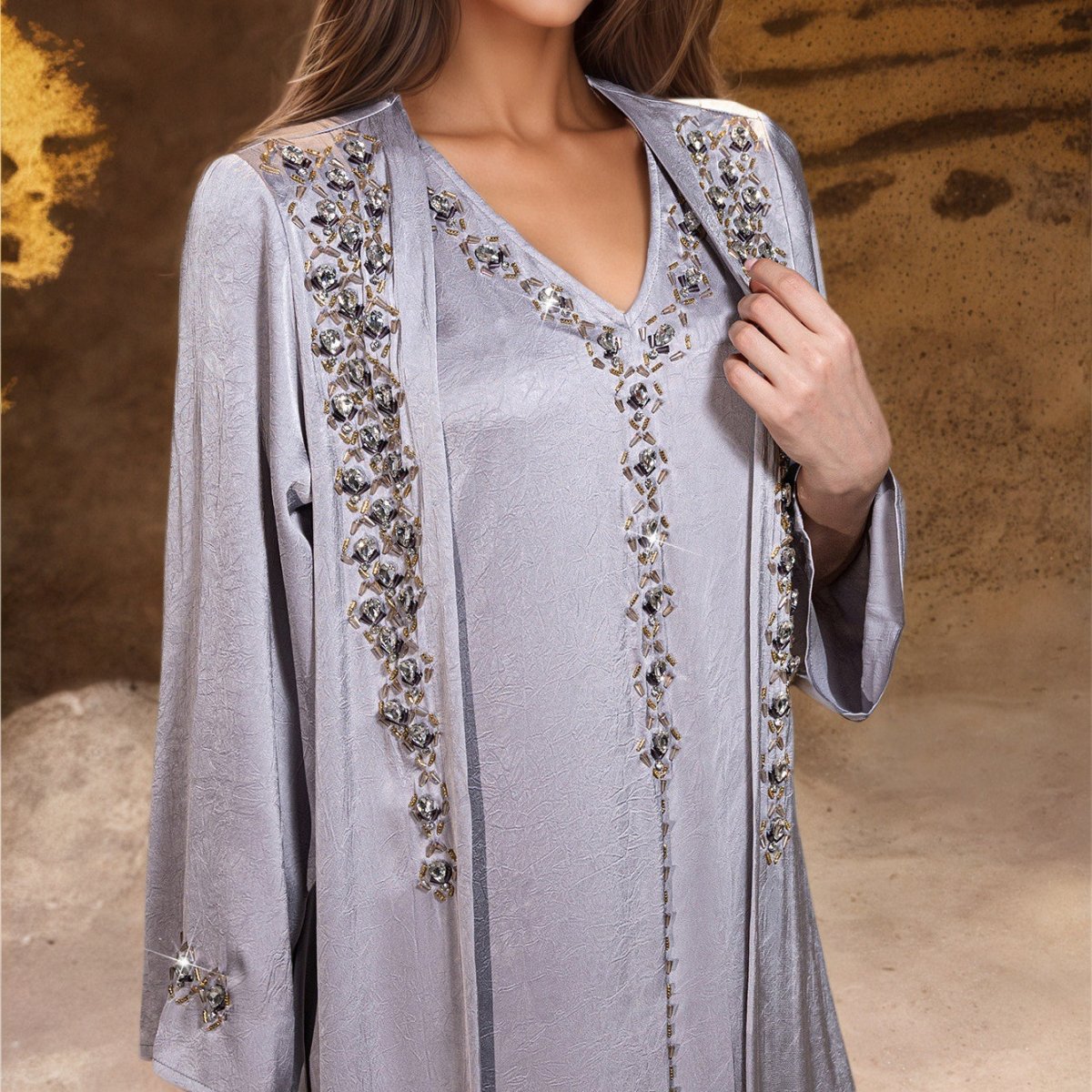 Beaded Two - Piece Abaya Set with Jacket | Embellished Kaftan Gown(MOA269) - Mariam's Collection