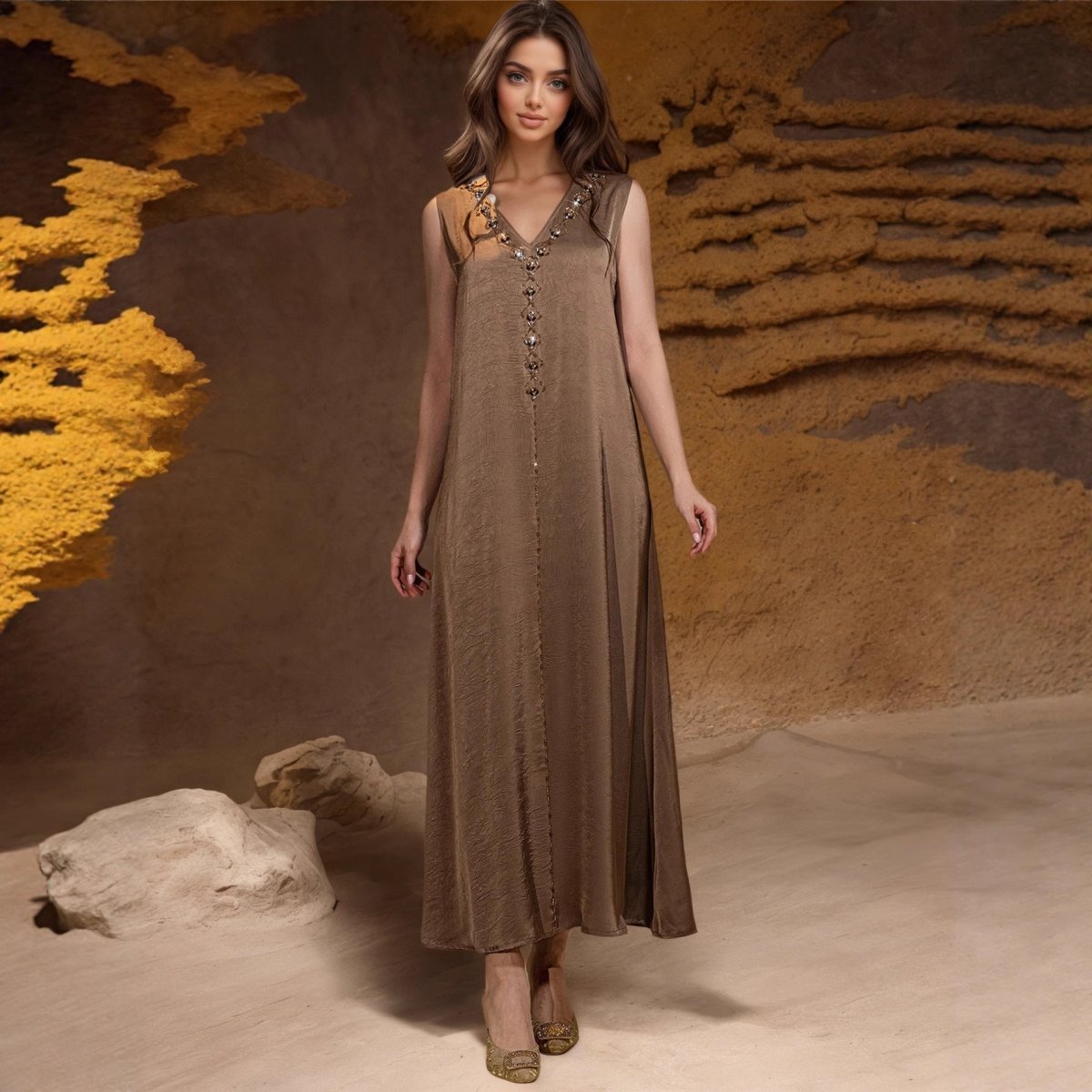 Beaded Two - Piece Abaya Set with Jacket | Embellished Kaftan Gown(MOA269) - Mariam's Collection