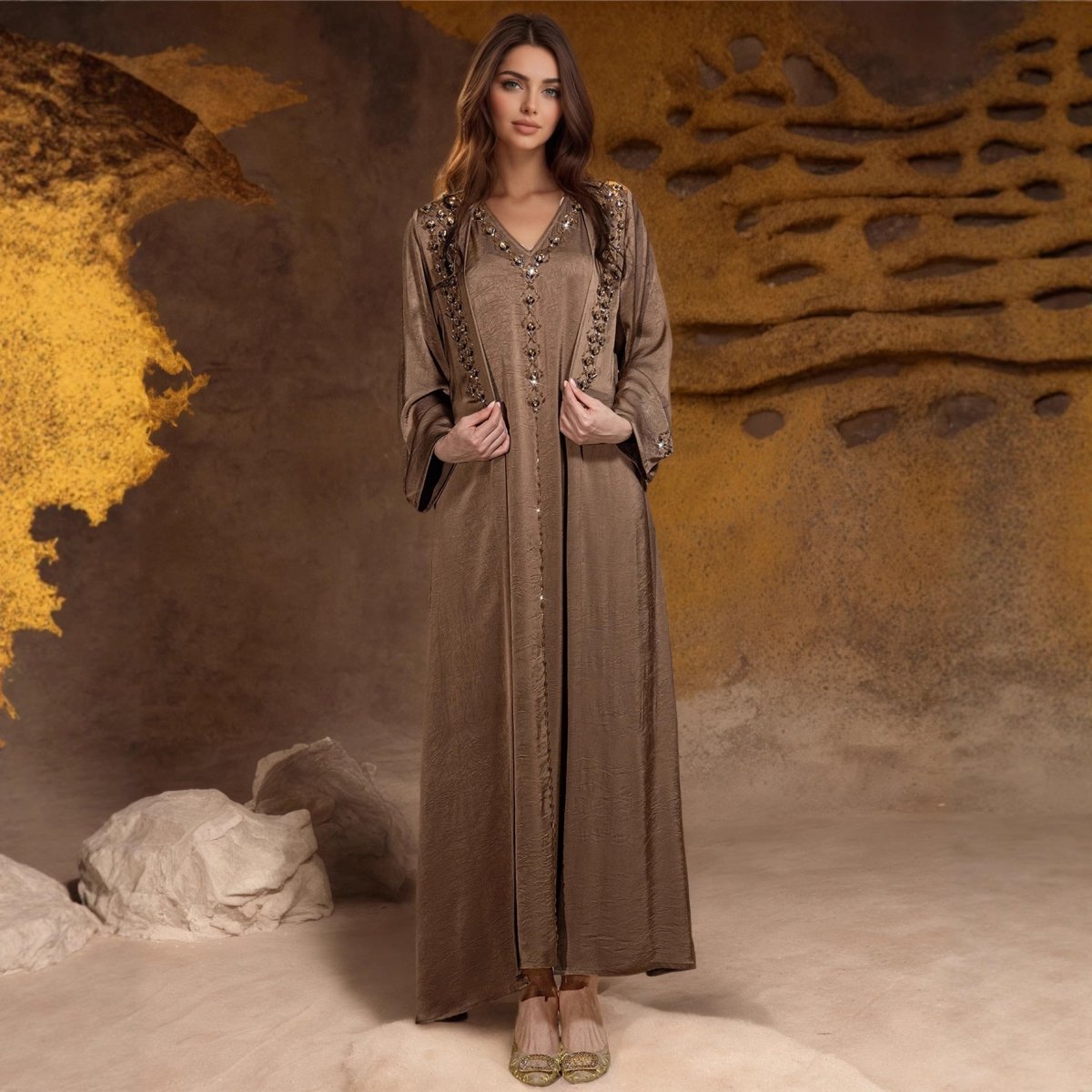 Beaded Two - Piece Abaya Set with Jacket | Embellished Kaftan Gown (MOA269) 