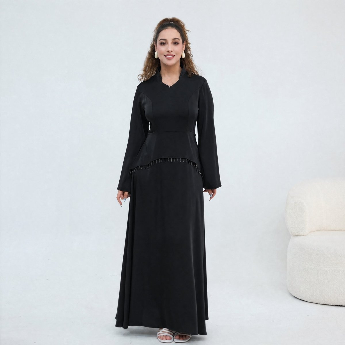 Beaded-Waist Corset-Back Flared-Sleeve Maxi Dress(MS476) - Mariam's Collection