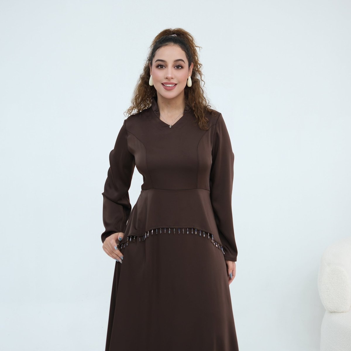 Beaded-Waist Corset-Back Flared-Sleeve Maxi Dress(MS476) - Mariam's Collection