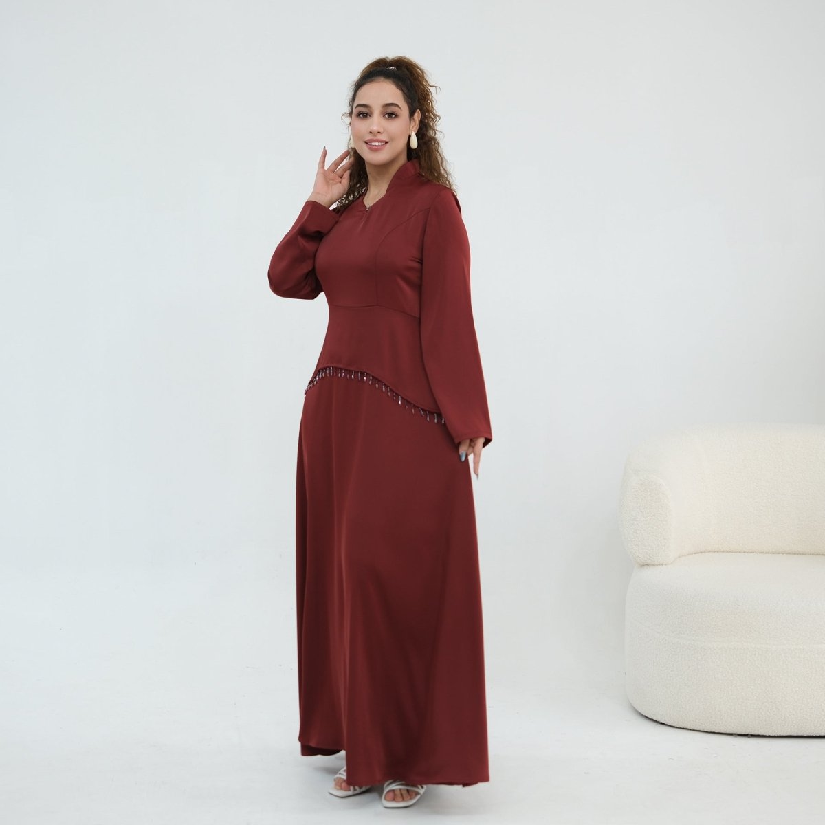 Beaded-Waist Corset-Back Flared-Sleeve Maxi Dress(MS476) - Mariam's Collection