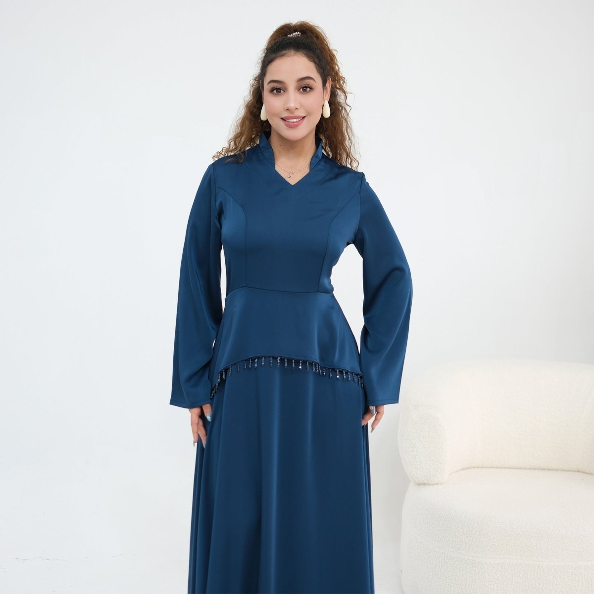 Beaded-Waist Corset-Back Flared-Sleeve Maxi Dress(MS476) - Mariam's Collection