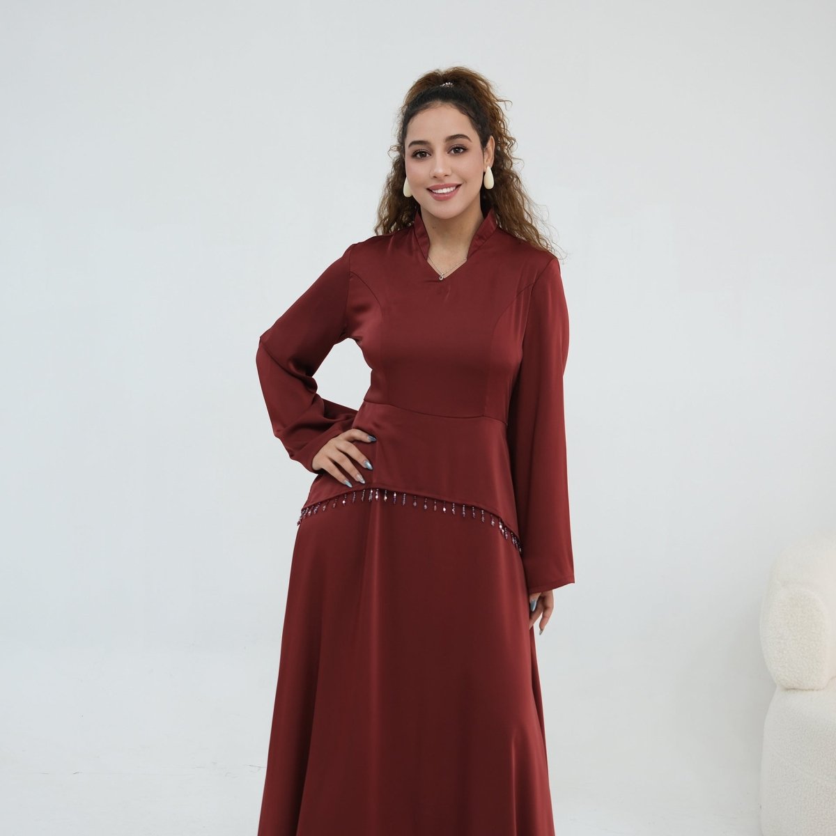 Beaded-Waist Corset-Back Flared-Sleeve Maxi Dress(MS476) - Mariam's Collection