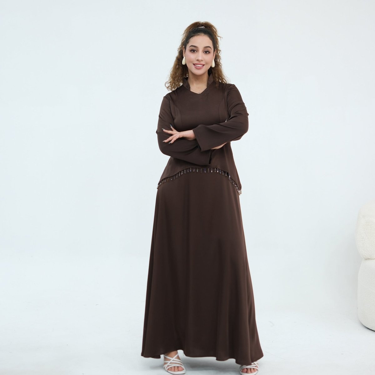 Beaded-Waist Corset-Back Flared-Sleeve Maxi Dress(MS476) - Mariam's Collection