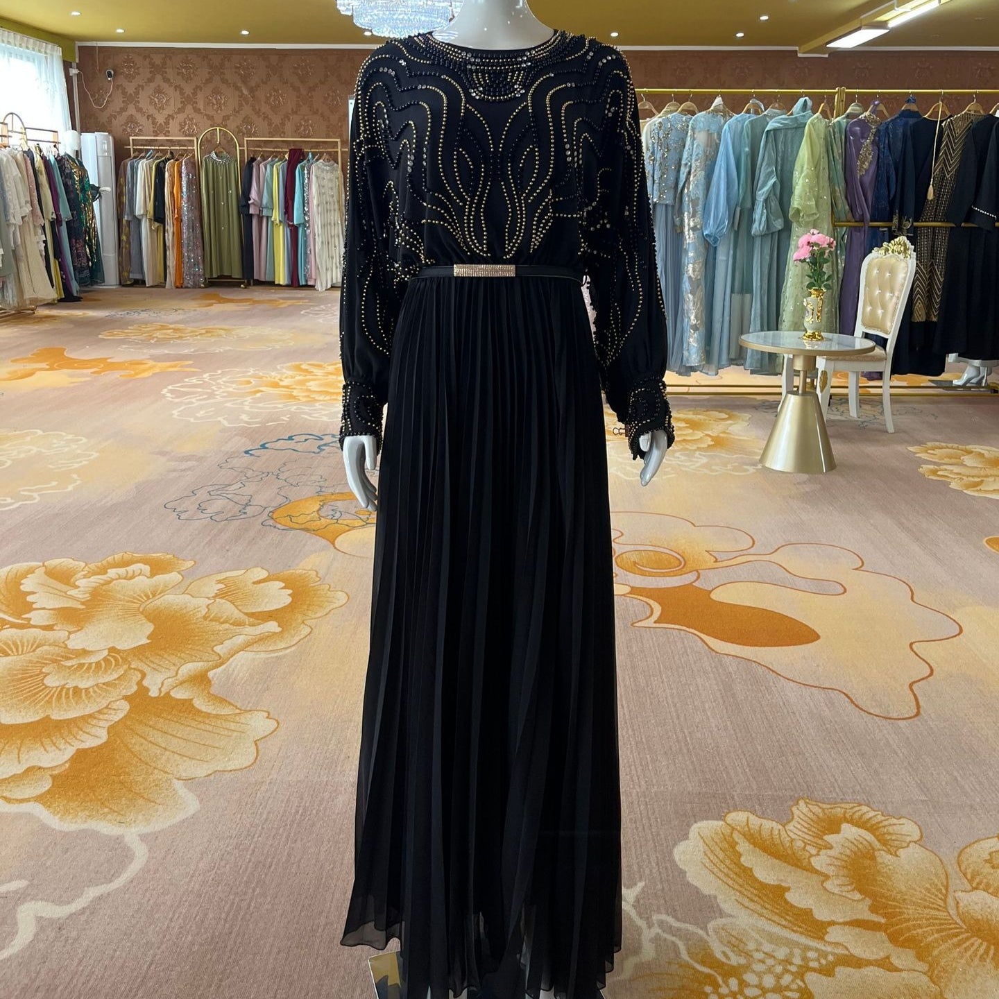 Handbeaded Pearl & Crystal Batwing Maxi Dress(MS529)