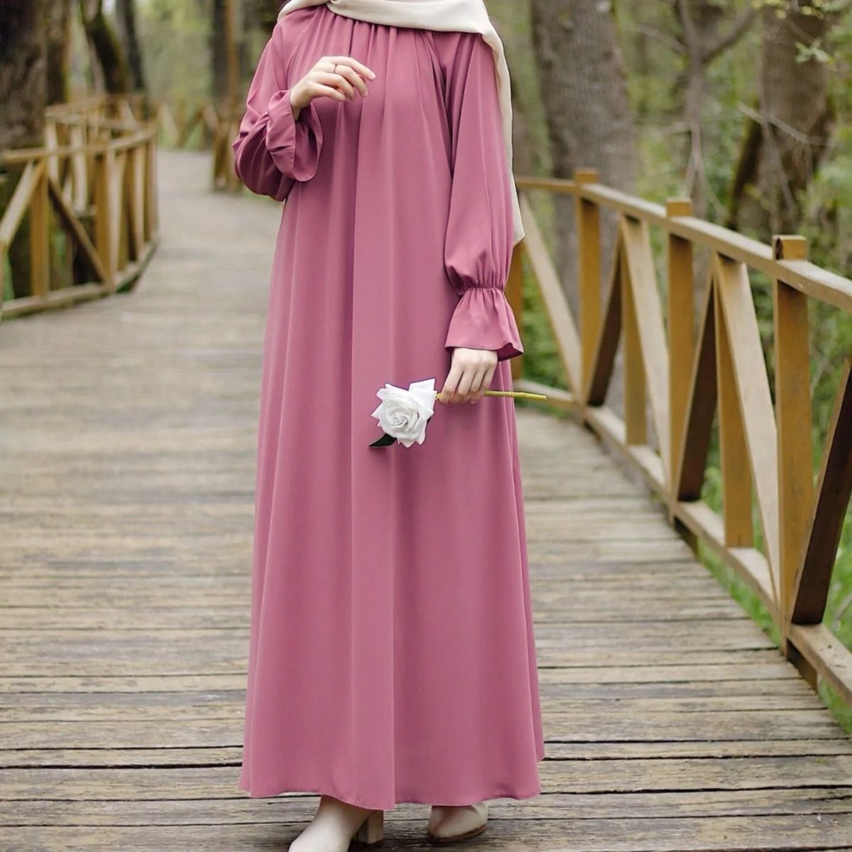 Bell Sleeve Chiffon Abaya | Round Neck Pocket Maxi Dress (MA363)