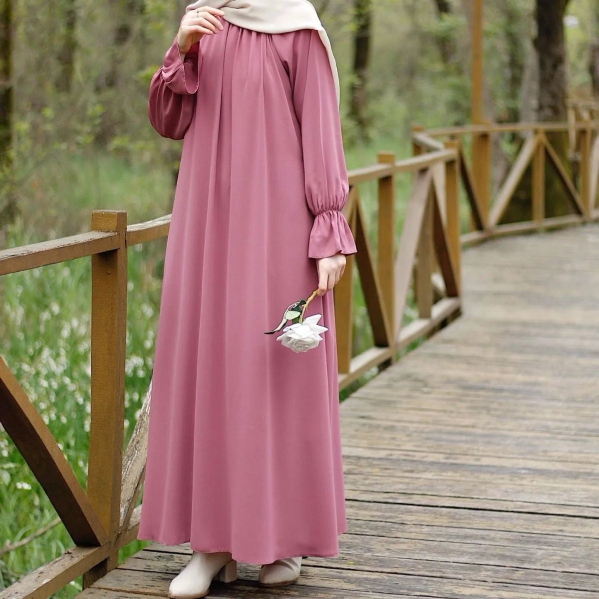 Bell Sleeve Chiffon Abaya | Round Neck Pocket Maxi Dress(MA363) - Mariam's Collection