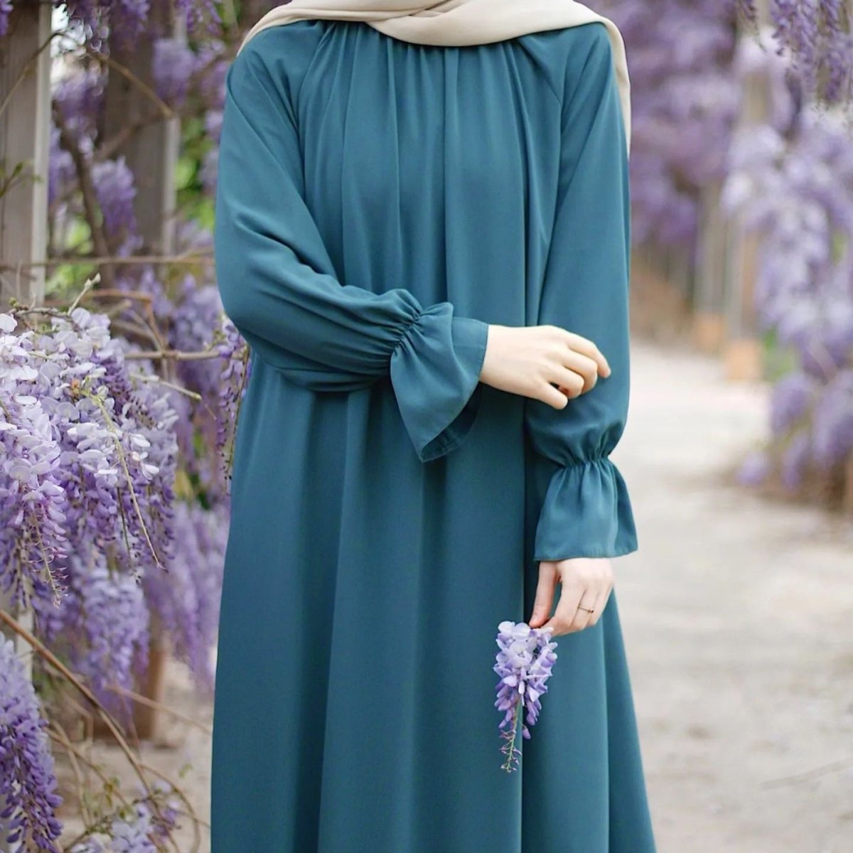 Bell Sleeve Chiffon Abaya | Round Neck Pocket Maxi Dress(MA363) - Mariam's Collection