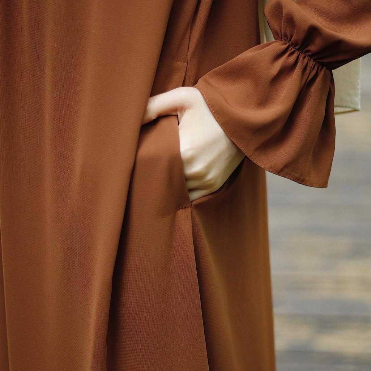 Bell Sleeve Chiffon Abaya | Round Neck Pocket Maxi Dress(MA363) - Mariam's Collection