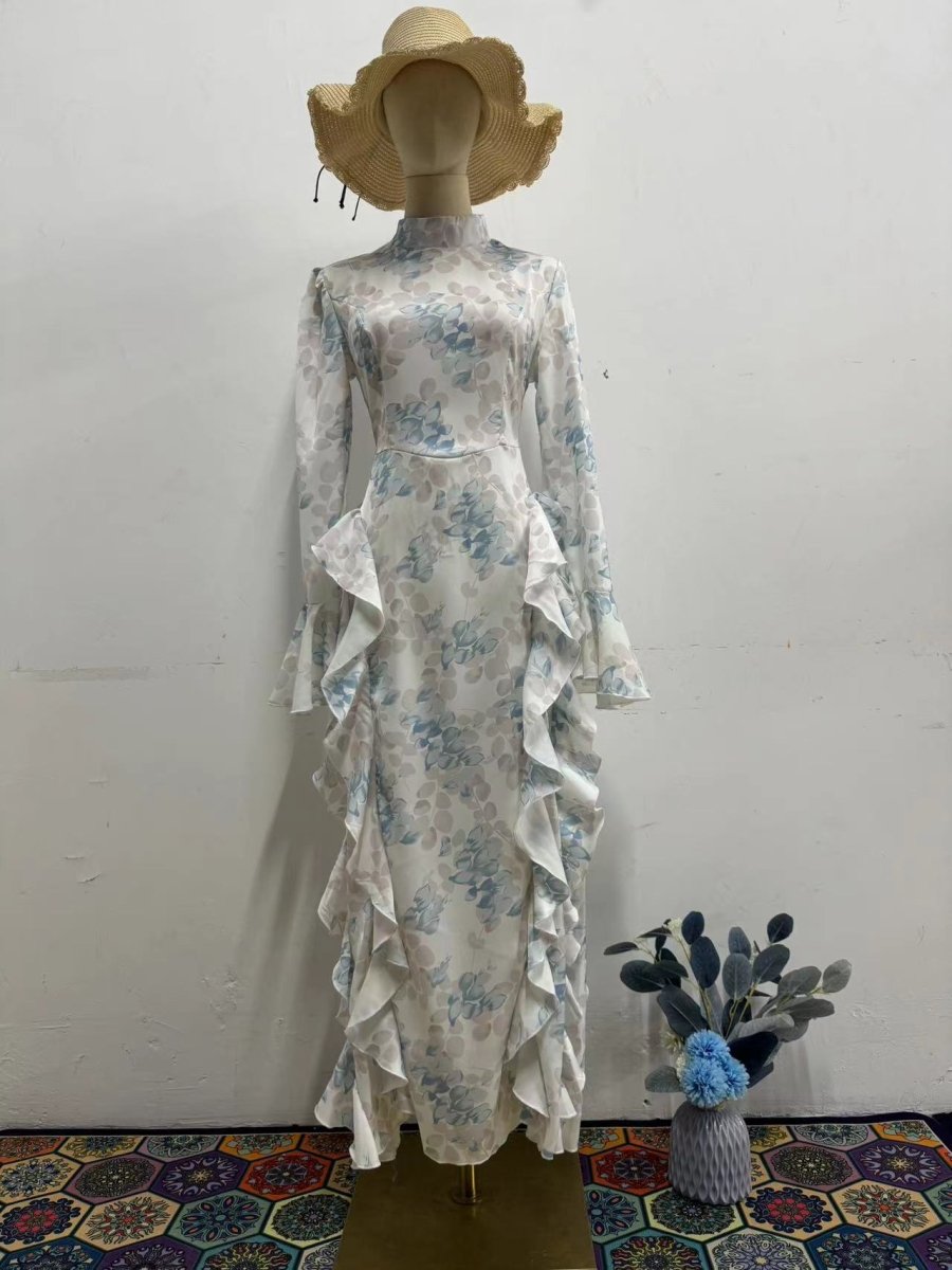 Bell Sleeve Floral Print Satin Lace - Up Back Long Sleeve Modest Abaya. (MA165) - Mariam's Collection