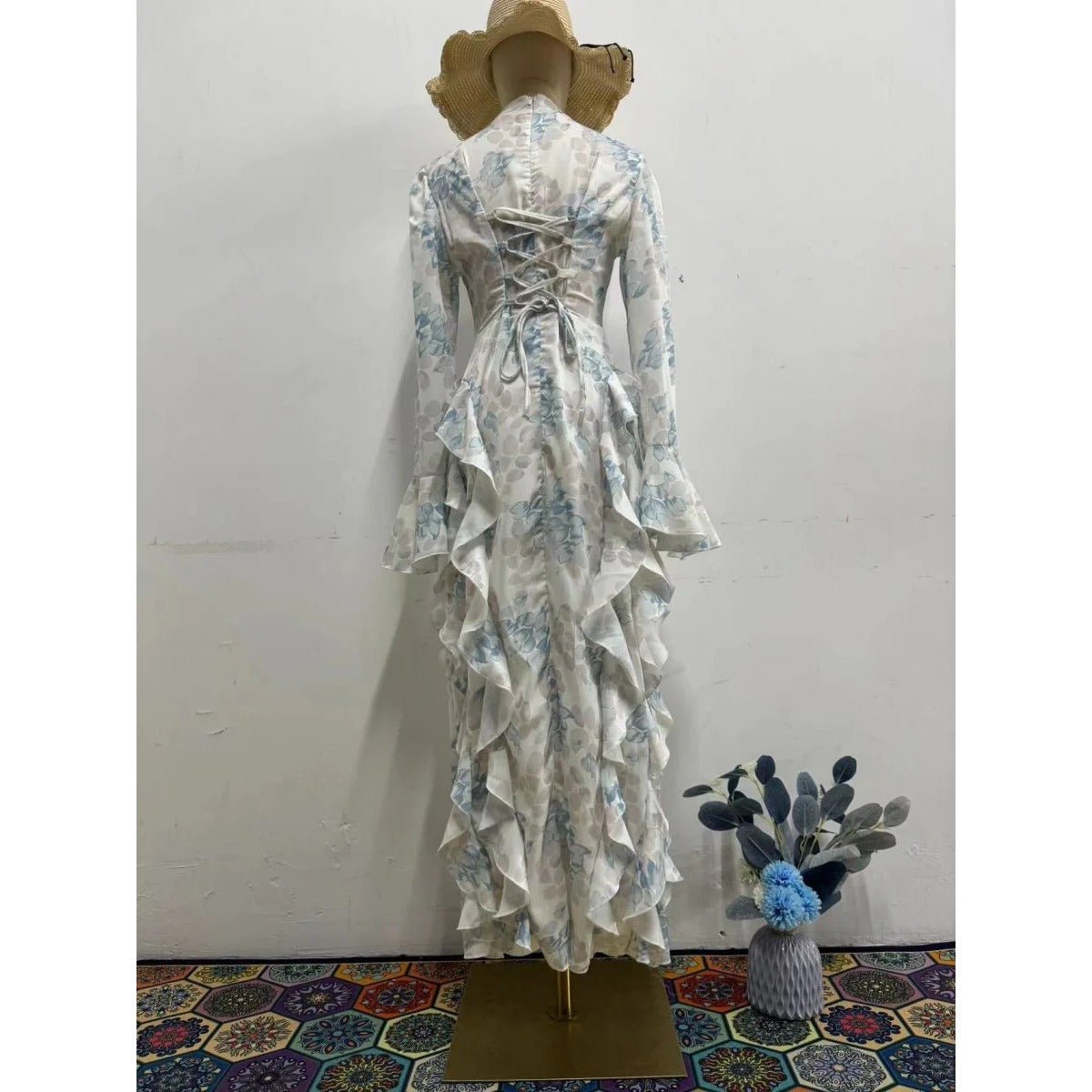Bell Sleeve Floral Print Satin Lace - Up Back Long Sleeve Modest Abaya. (MA165) - Mariam's Collection