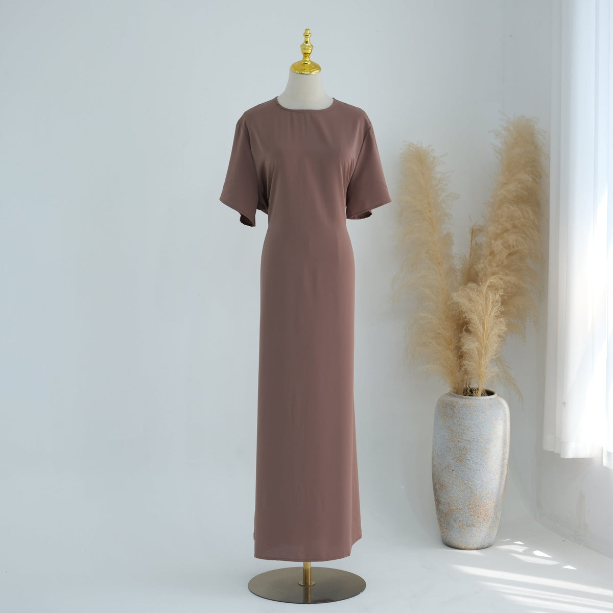 Belted Inner Maxi Dress | Minimalist Mid-Sleeve Layering Dress(MS568) - Mariam's Collection