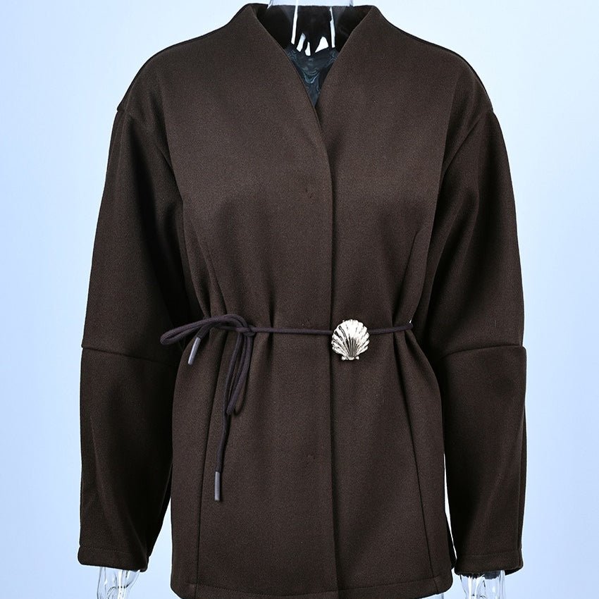 Belted Wool Coat with Shell Brooch(MS255) - Mariam's Collection