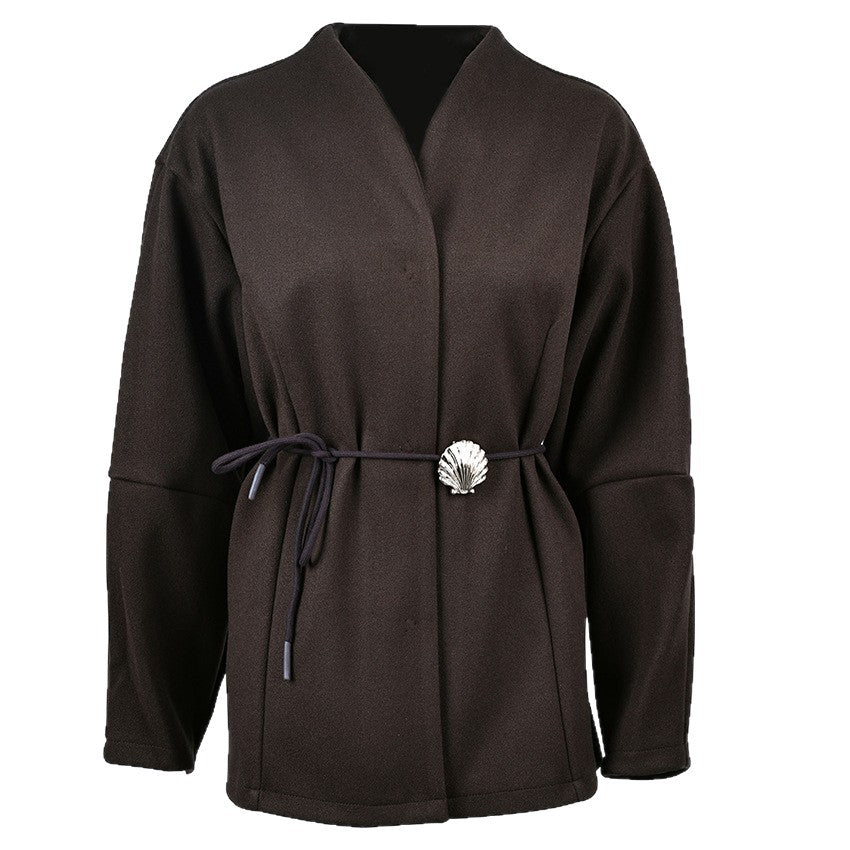 Belted Wool Coat with Shell Brooch(MS255) - Mariam's Collection