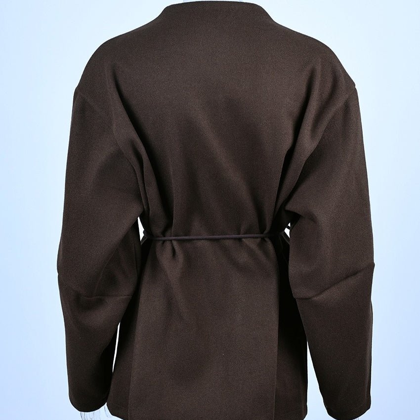 Belted Wool Coat with Shell Brooch(MS255) - Mariam's Collection