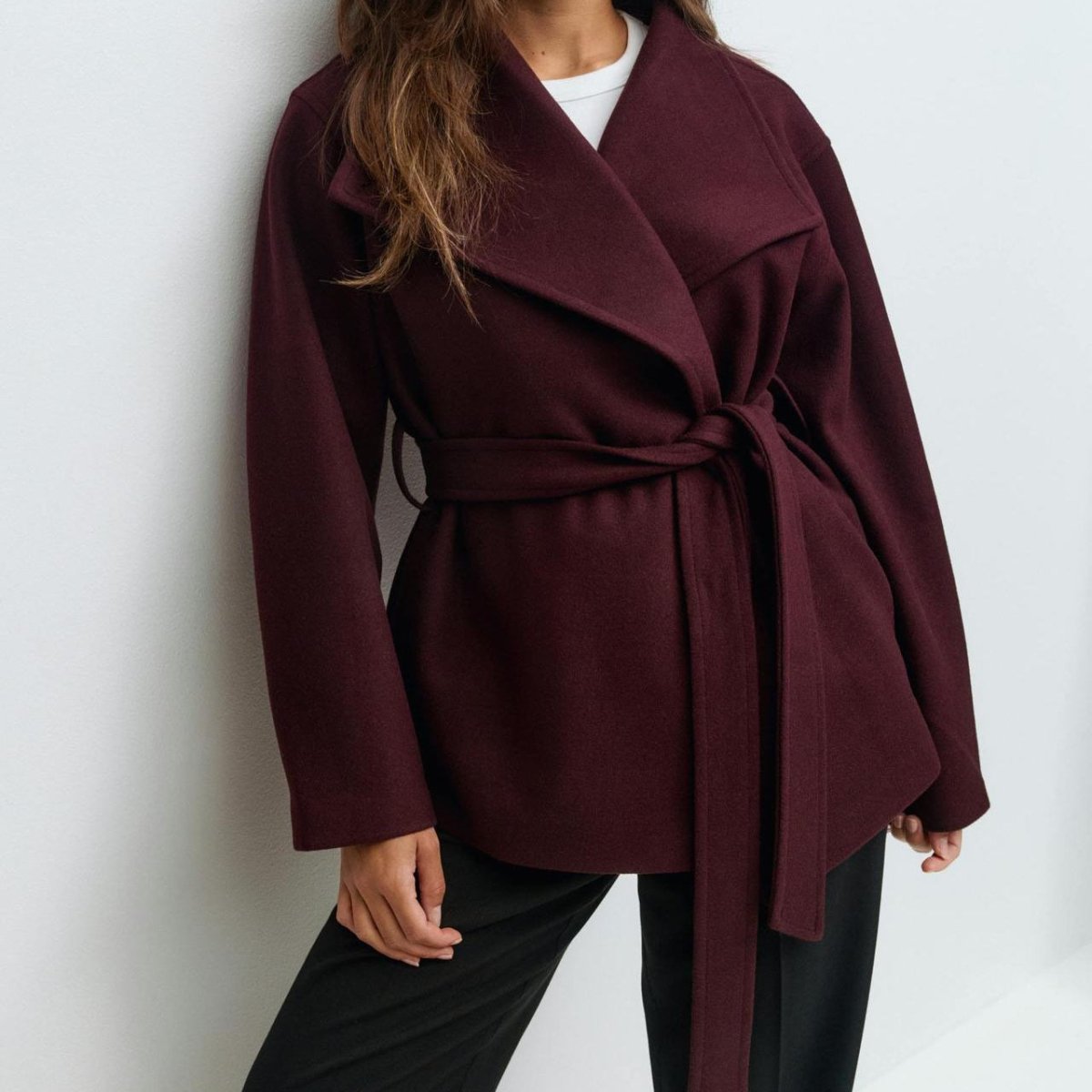 Belted Wrap Coat with Wide Collar | Double - Faced Wool Blend Jacket(MS254) - Mariam's Collection