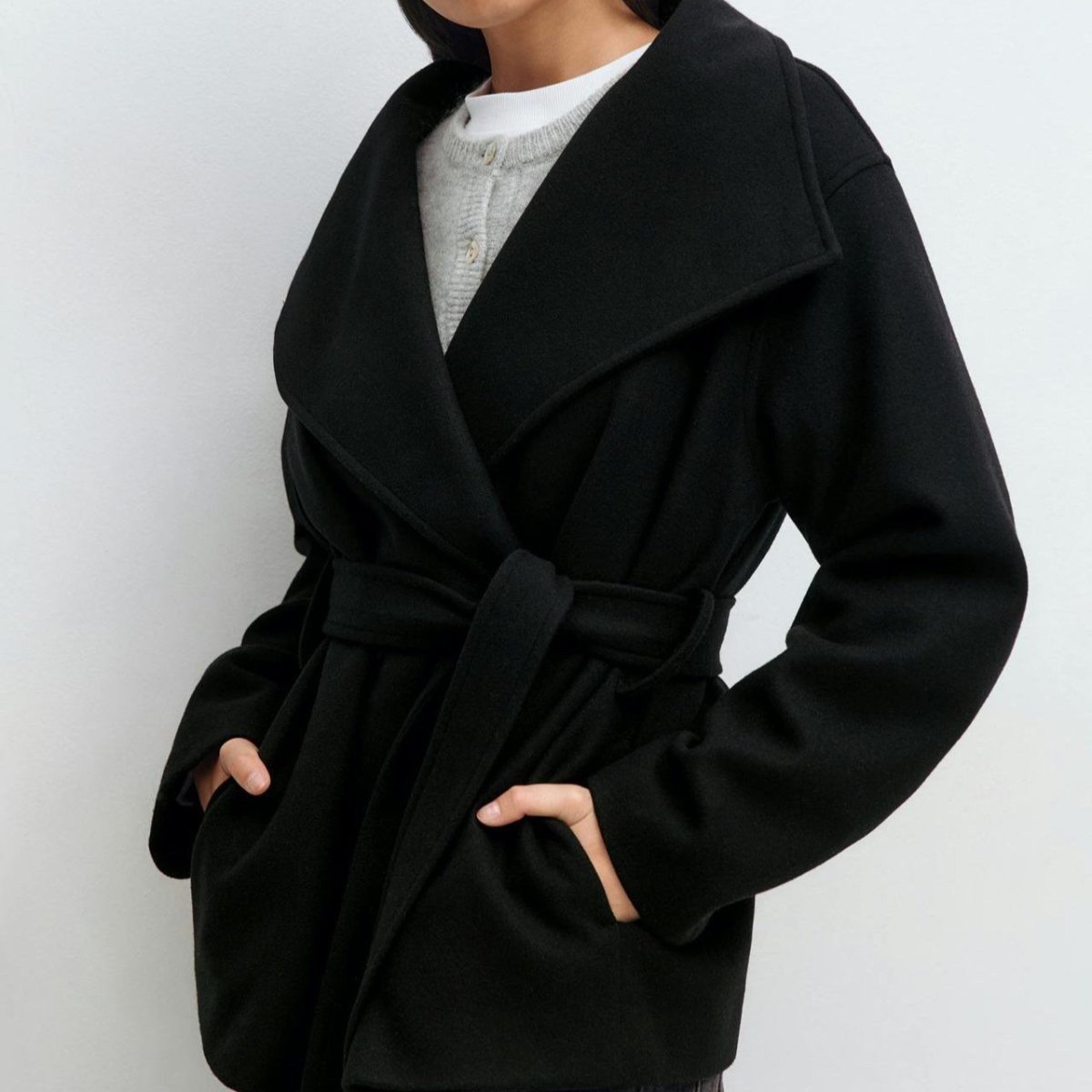 Belted Wrap Coat with Wide Collar | Double-Faced Wool Blend Jacket(MS2