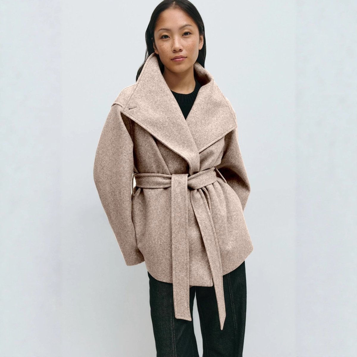 Belted Wrap Coat with Wide Collar | Double - Faced Wool Blend Jacket(MS254) - Mariam's Collection