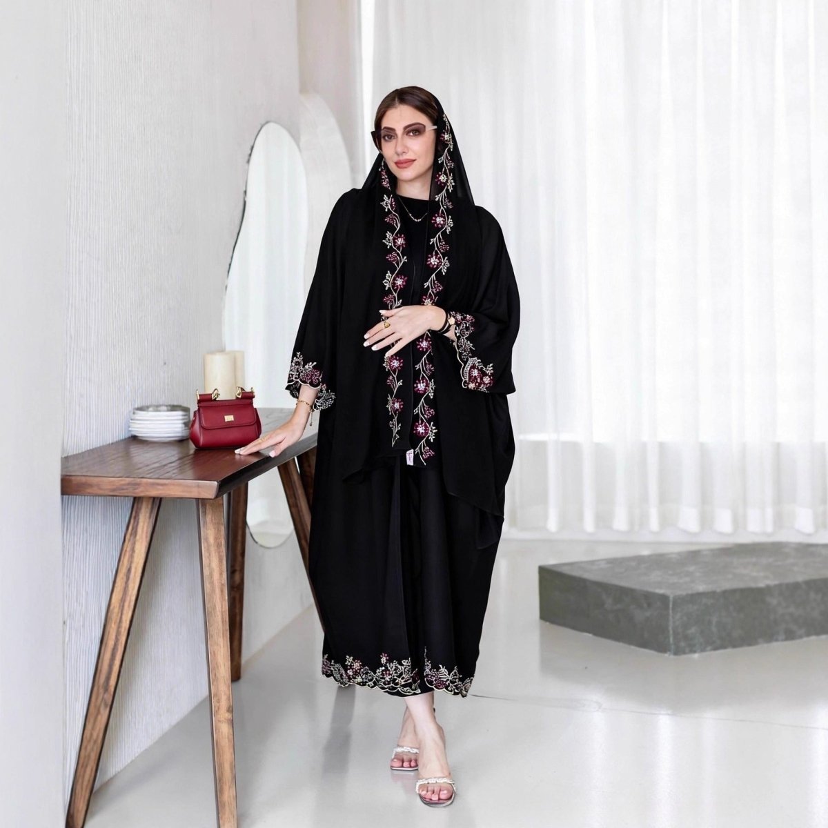 Black Abaya with Embroidered Floral Hijab Set (MOA279) - Mariam's Collection