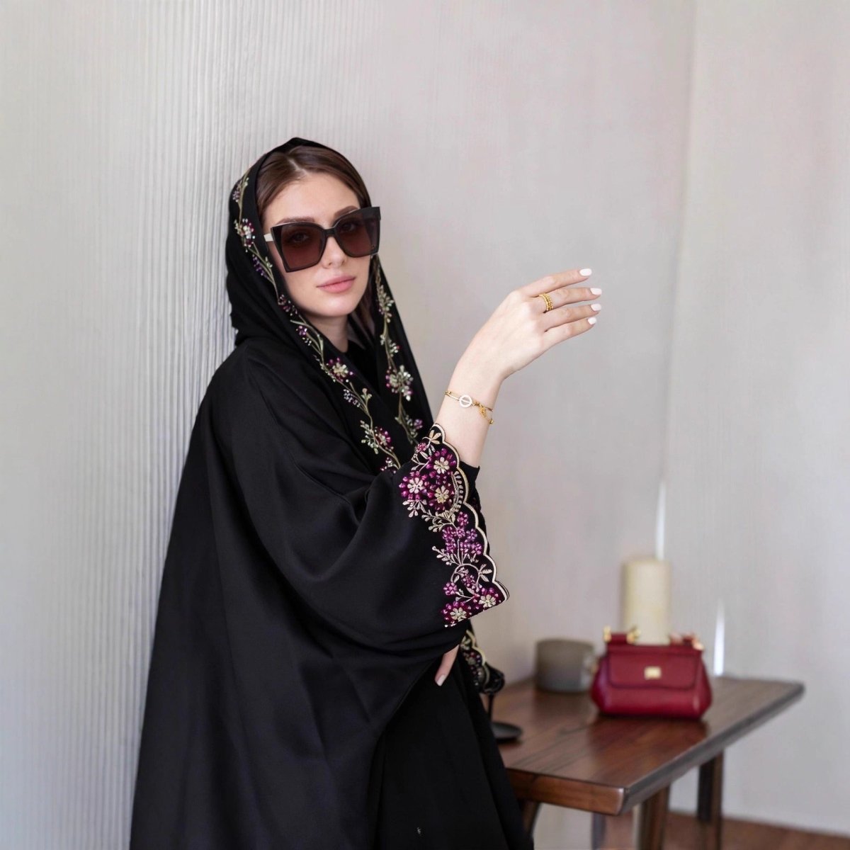 Black Abaya with Embroidered Floral Hijab Set (MOA279) - Mariam's Collection