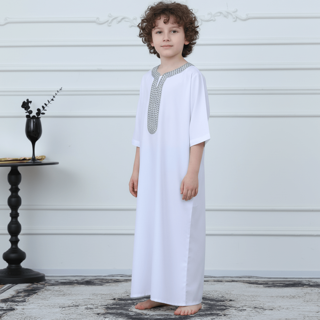 Black Geometric Trim Islamic Thobe(MKB018) - Mariam's Collection