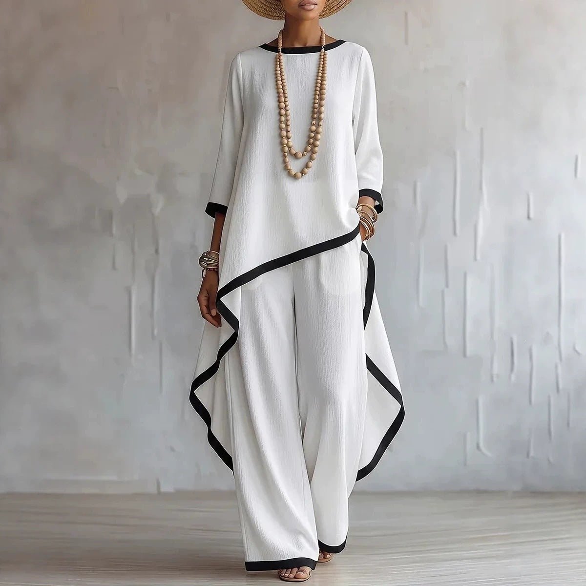 Black-Trimmed Batwing Top & Wide-Leg Trousers Two-Piece Co-ord Set(MS527) - Mariam's Collection