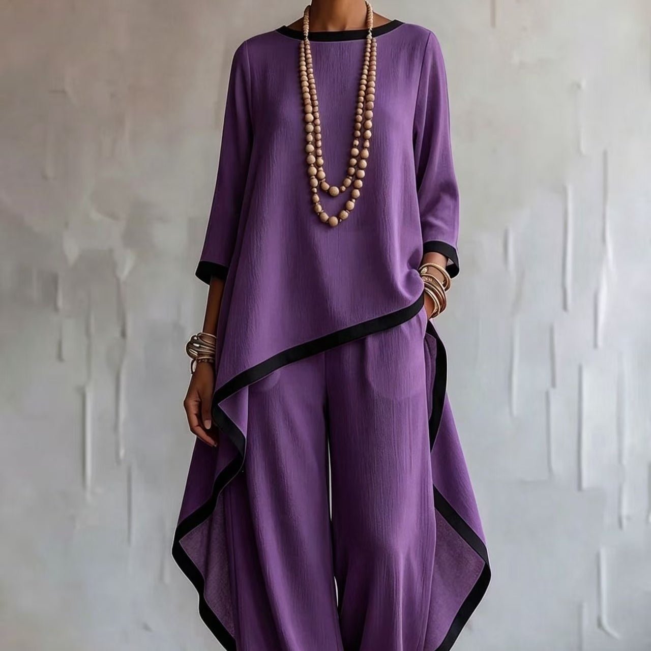 Black-Trimmed Batwing Top & Wide-Leg Trousers Two-Piece Co-ord Set(MS527) - Mariam's Collection