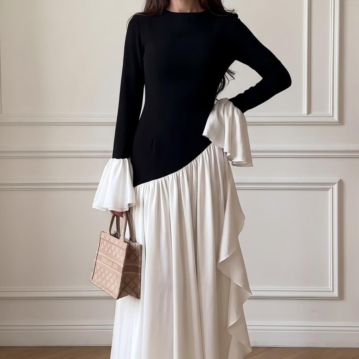 Black & White Colour-Block Ruffle Cuff Maxi Dress(MS509) - Mariam's Collection