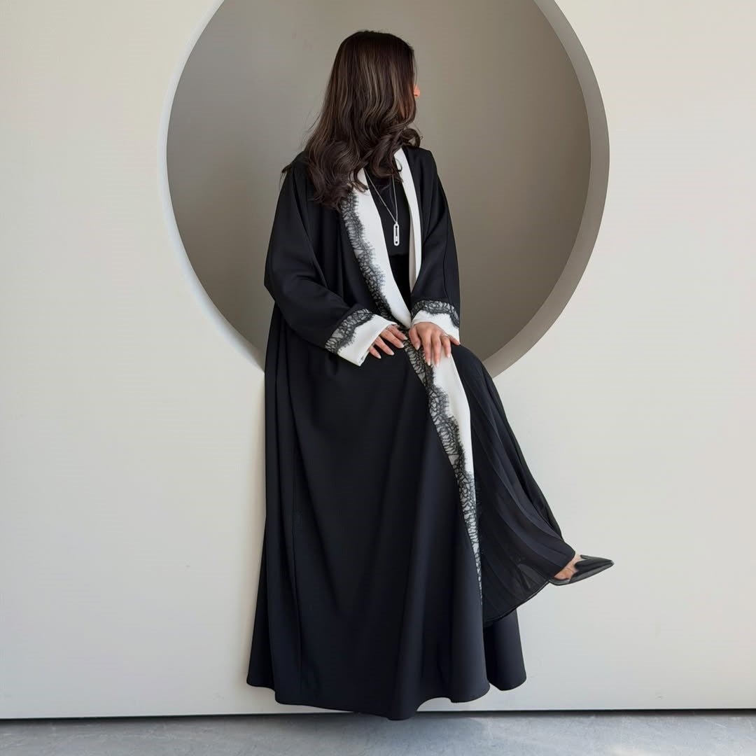 Black & White Lace Trim Open Abaya(MOA311) - Mariam's Collection