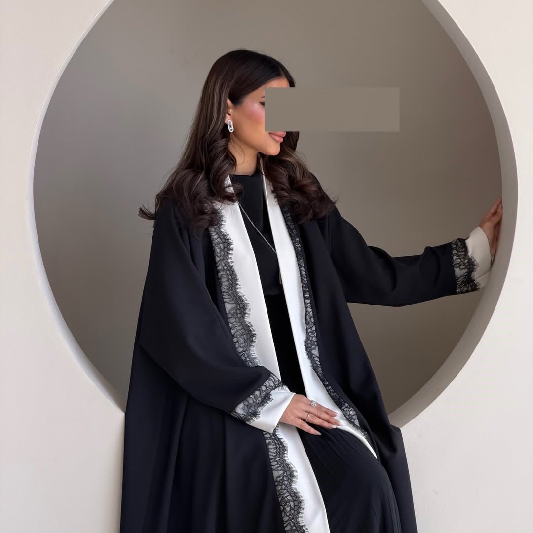 Black & White Lace Trim Open Abaya(MOA311) - Mariam's Collection
