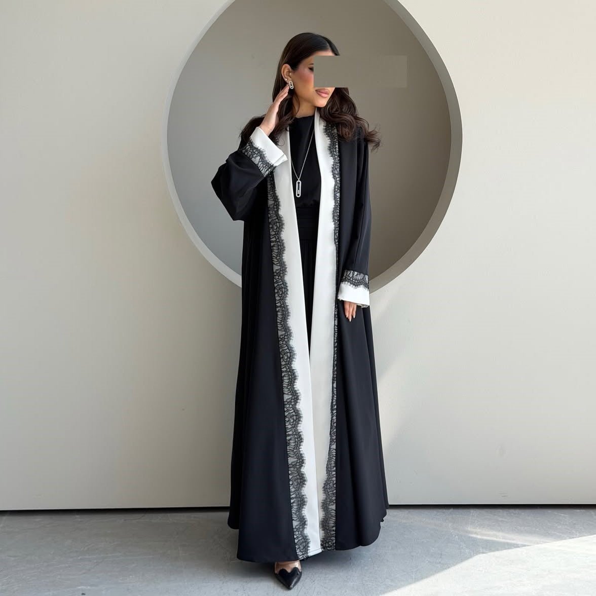 Black & White Lace Trim Open Abaya(MOA311) - Mariam's Collection