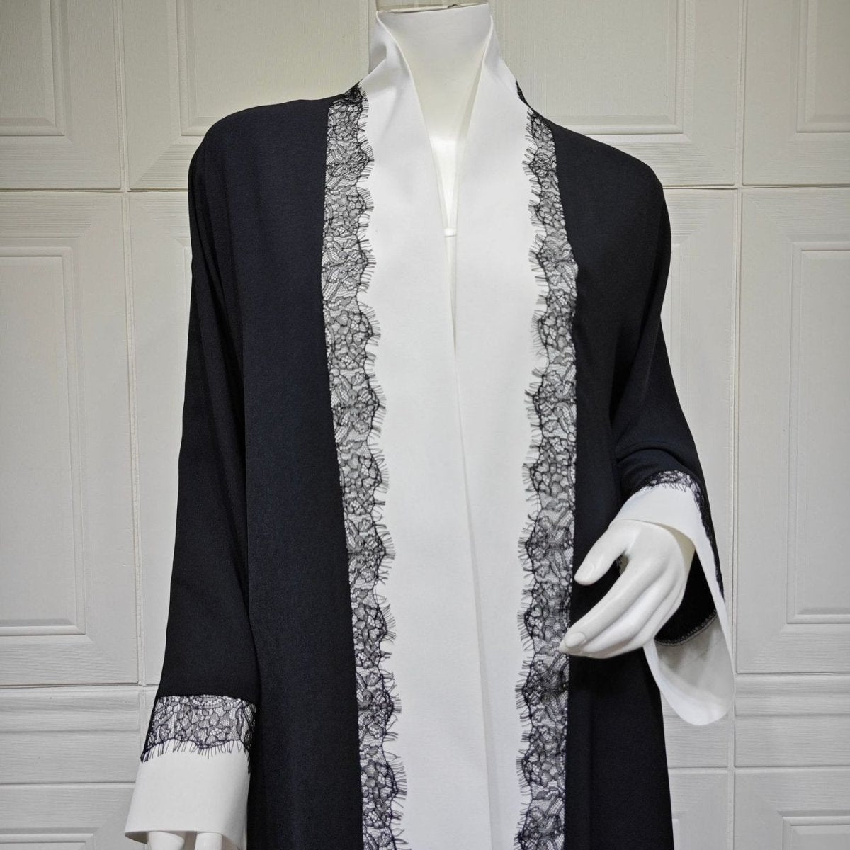 Black & White Lace Trim Open Abaya(MOA311) - Mariam's Collection